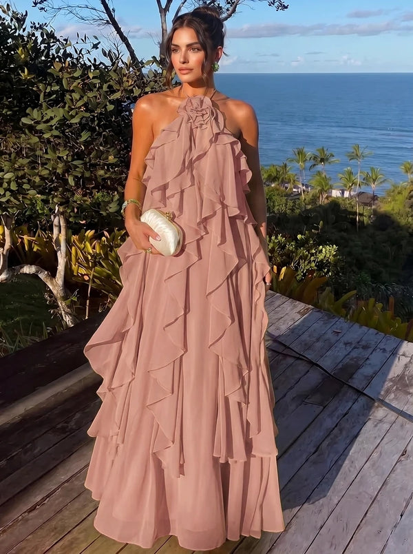 A Line/Princesses Evening Dresses Ruffled Chiffon Halter Sleeveless Floor-Length Criss Cross Straps Summer Party