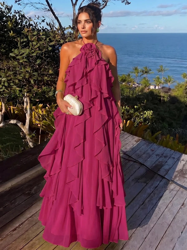 A Line/Princesses Evening Dresses Ruffled Chiffon Halter Sleeveless Floor-Length Criss Cross Straps Summer Party