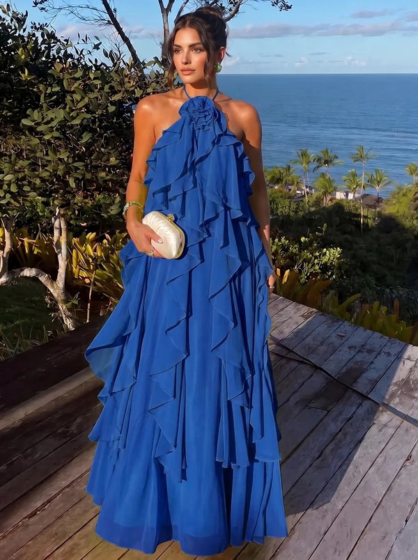 A Line/Princesses Evening Dresses Ruffled Chiffon Halter Sleeveless Floor-Length Criss Cross Straps Summer Party