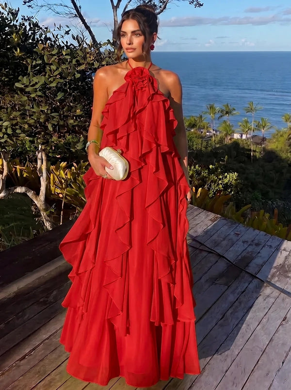 A Line/Princesses Evening Dresses Ruffled Chiffon Halter Sleeveless Floor-Length Criss Cross Straps Summer Party