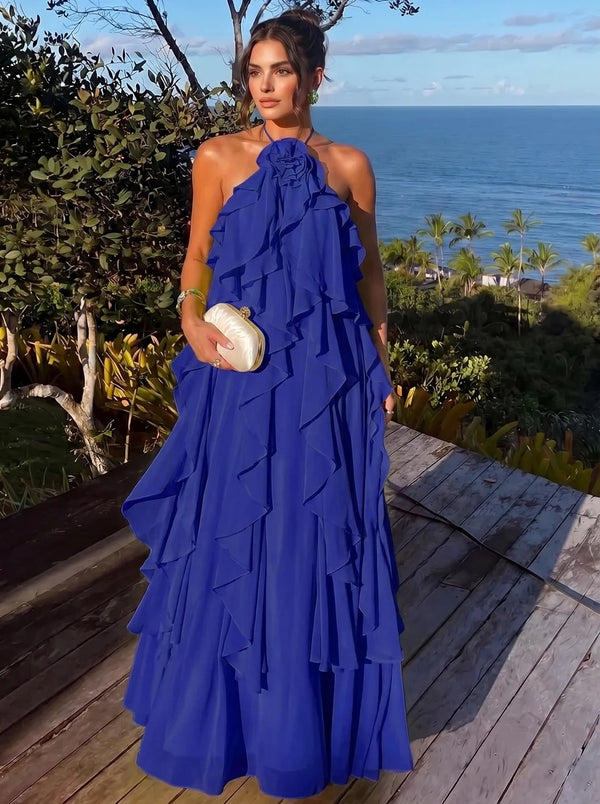 A Line/Princesses Evening Dresses Ruffled Chiffon Halter Sleeveless Floor-Length Criss Cross Straps Summer Party