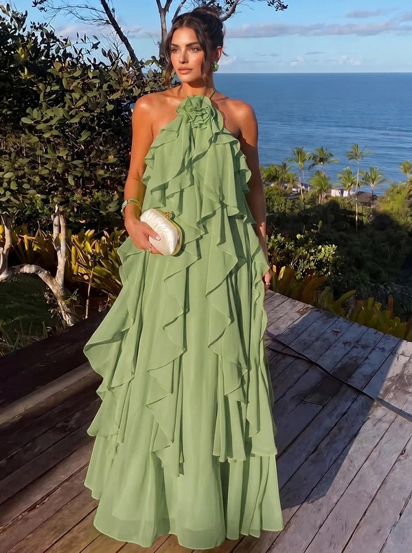 A Line/Princesses Evening Dresses Ruffled Chiffon Halter Sleeveless Floor-Length Criss Cross Straps Summer Party