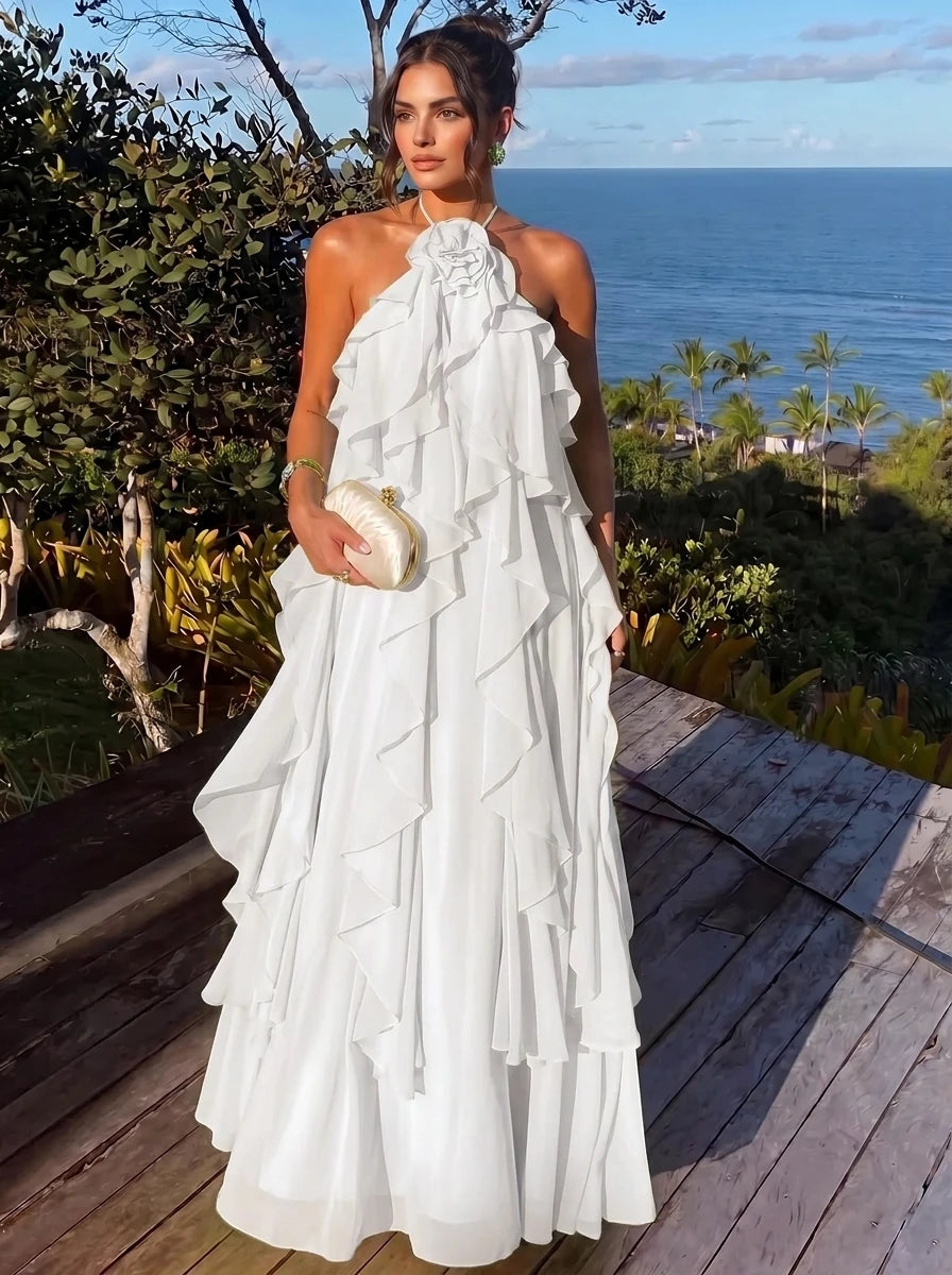 Nafori White A Line/Princesses Evening Dresses Ruffled Chiffon Halter Sleeveless Tiered Floor-Length Criss Cross Straps Summer Party 2026