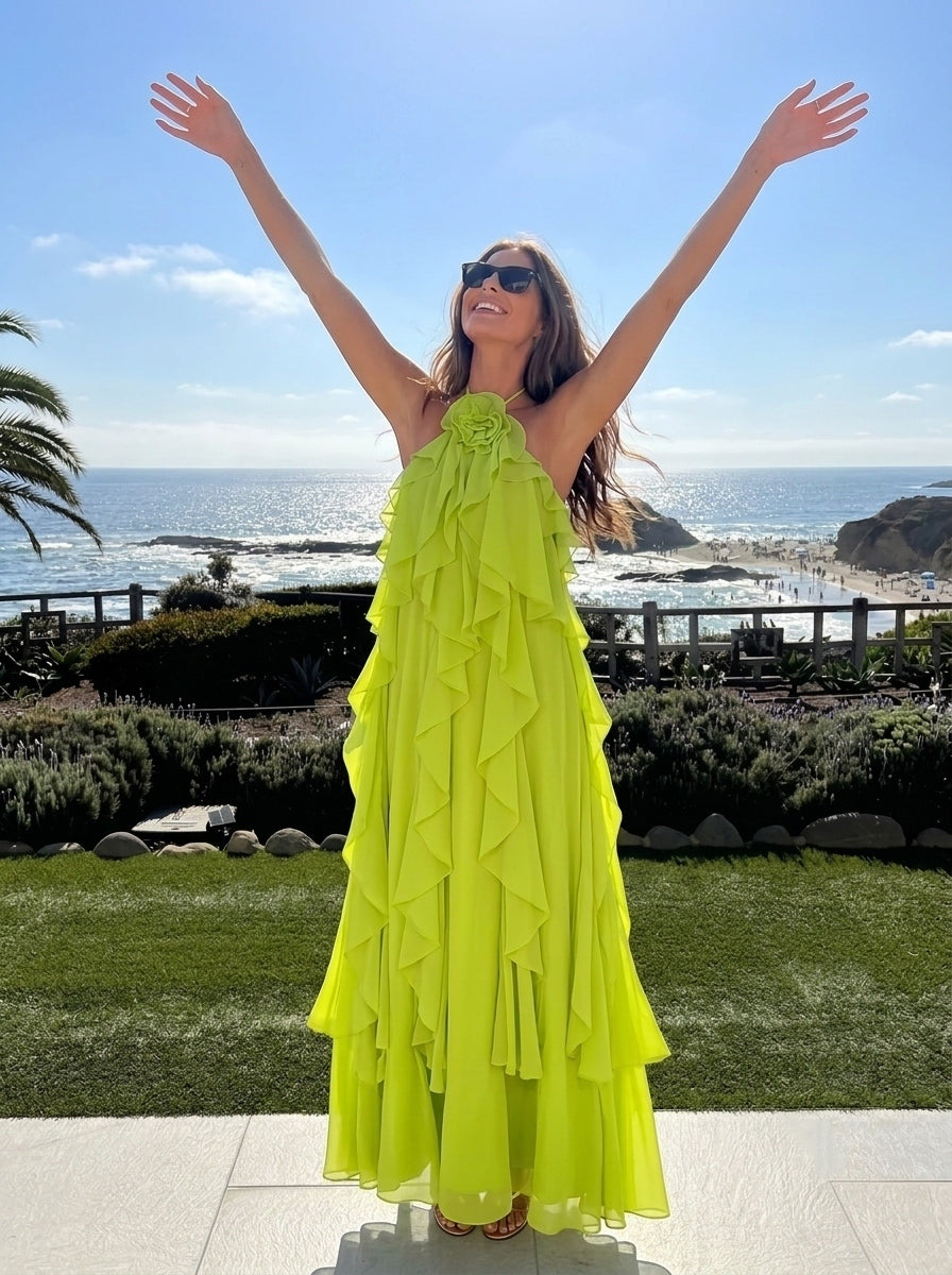 A Line/Princesses Evening Dresses Ruffled Chiffon Halter Sleeveless Floor-Length Criss Cross Straps Summer Party