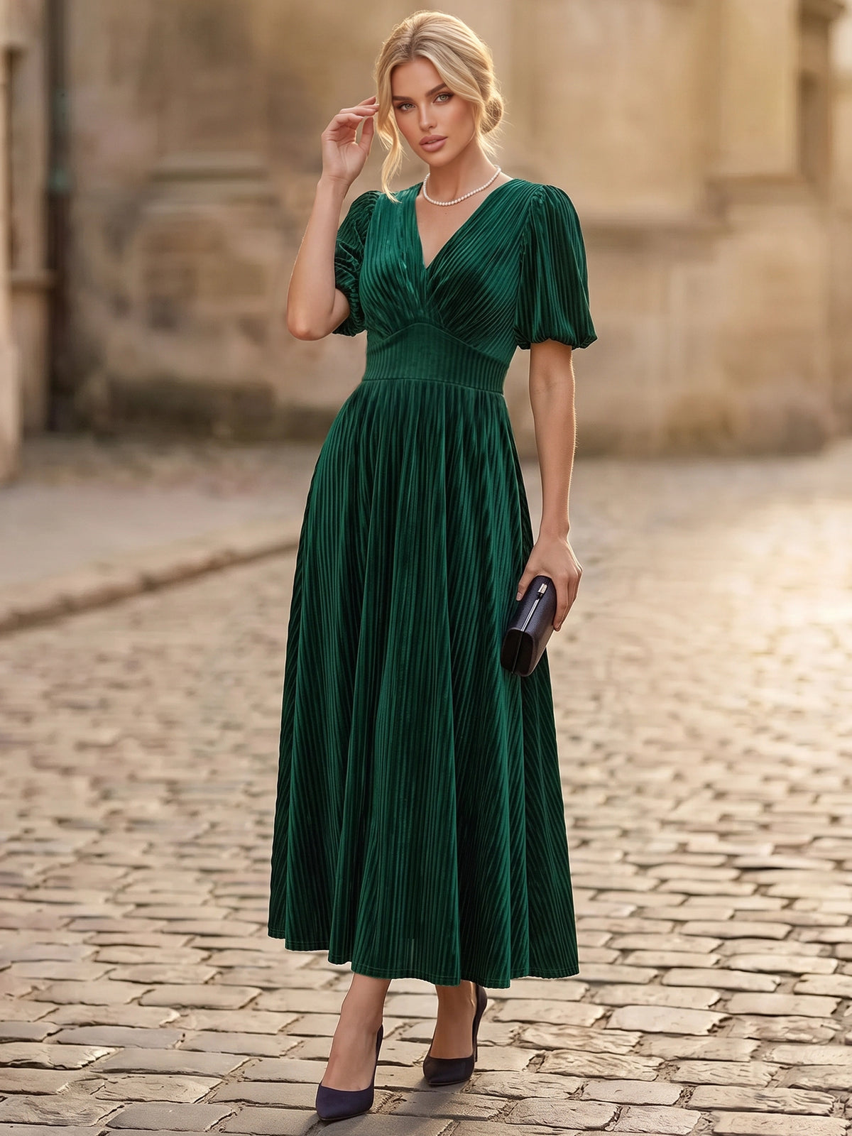 A-Line Velvet Cocktail Dress Ankle Length V Neck Short Sleeves Dark Green Elegant Formal Wedding Guest Dress