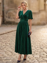 A-Line Velvet Cocktail Dress Ankle Length V Neck Short Sleeves Dark Green Elegant Formal Wedding Guest Dress