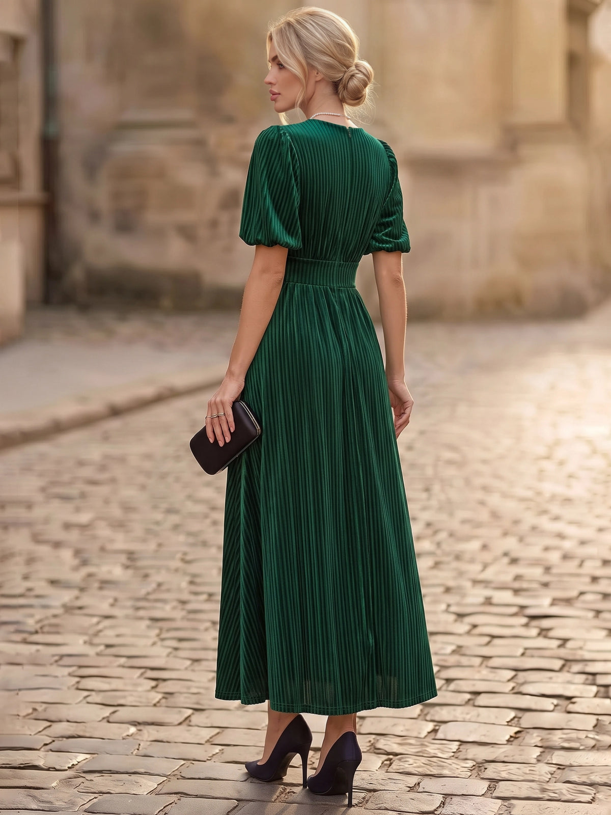 A-Line Velvet Cocktail Dress Ankle Length V Neck Short Sleeves Dark Green Elegant Formal Wedding Guest Dress