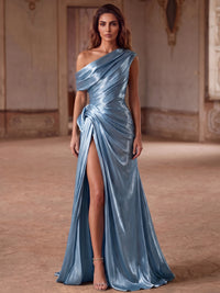 Sheath/Column Evening Dresses Satin One-Shoulder Sleeveless Floor-Length Knotted Waist High Slit Draped Skirt
