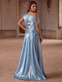 Sheath/Column Evening Dresses Satin One-Shoulder Sleeveless Floor-Length Knotted Waist High Slit Draped Skirt