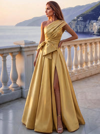 A-Line/Princess Evening Dress Formal Pleated Satin One-Shoulder Sleeveless Floor-Length Sash With Bow Side Slit