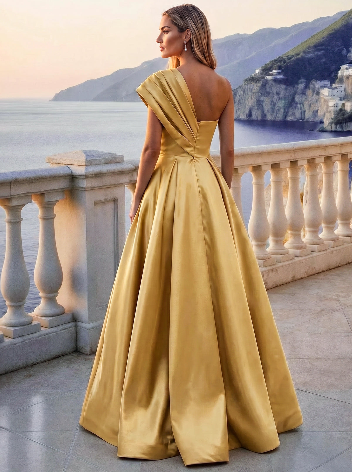A-Line/Princess Evening Dress Formal Pleated Satin One-Shoulder Sleeveless Floor-Length Sash With Bow Side Slit
