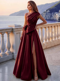 A-Line/Princess Evening Dress Formal Pleated Satin One-Shoulder Sleeveless Floor-Length Sash With Bow Side Slit