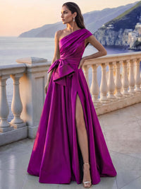 A-Line/Princess Evening Dress Formal Pleated Satin One-Shoulder Sleeveless Floor-Length Sash With Bow Side Slit