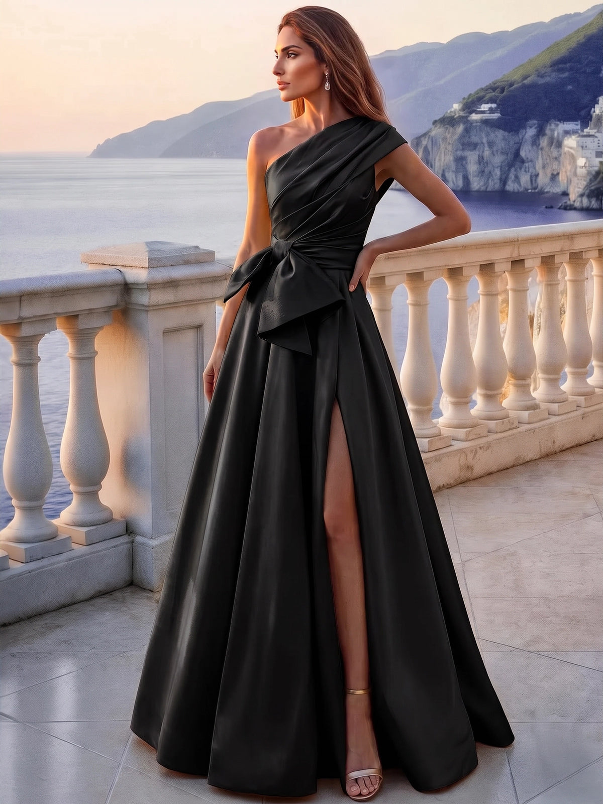 A-Line/Princess Evening Dress Formal Pleated Satin One-Shoulder Sleeveless Floor-Length Sash With Bow Side Slit
