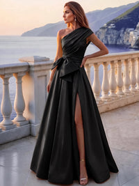 A-Line/Princess Evening Dress Formal Pleated Satin One-Shoulder Sleeveless Floor-Length Sash With Bow Side Slit