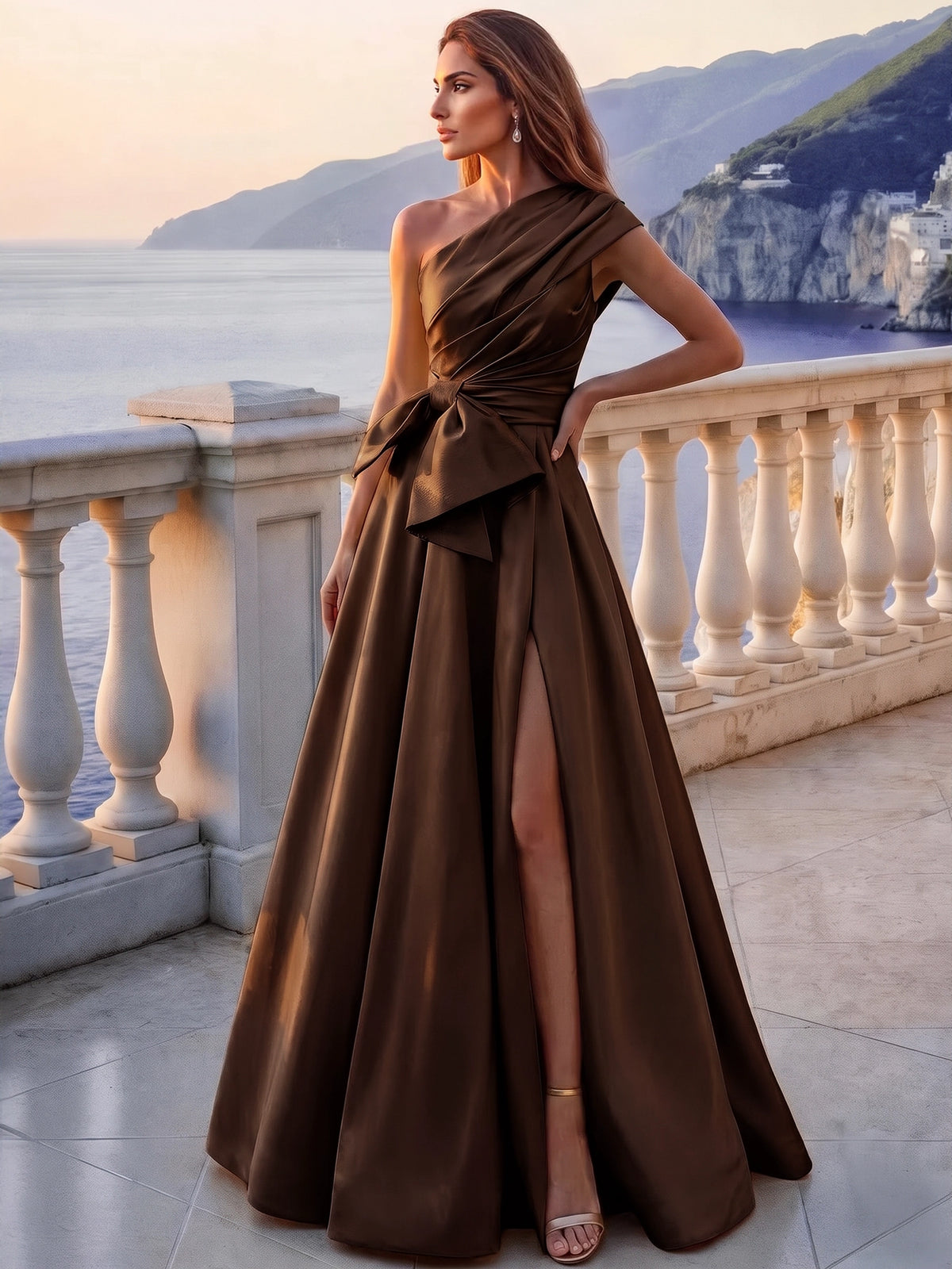 A-Line/Princess Evening Dress Formal Pleated Satin One-Shoulder Sleeveless Floor-Length Sash With Bow Side Slit