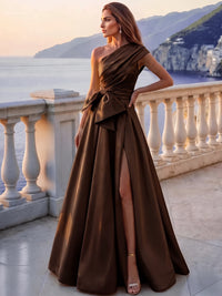 A-Line/Princess Evening Dress Formal Pleated Satin One-Shoulder Sleeveless Floor-Length Sash With Bow Side Slit