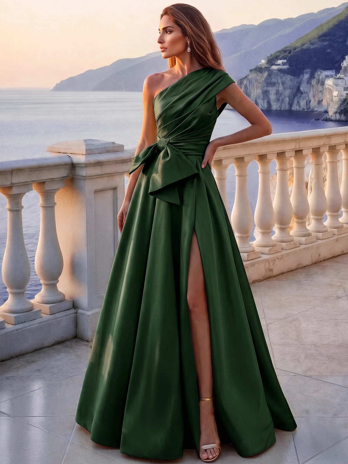 A-Line/Princess Evening Dress Formal Pleated Satin One-Shoulder Sleeveless Floor-Length Sash With Bow Side Slit