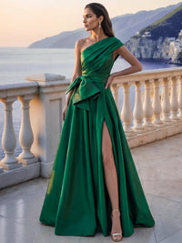 A-Line/Princess Evening Dress Formal Pleated Satin One-Shoulder Sleeveless Floor-Length Sash With Bow Side Slit