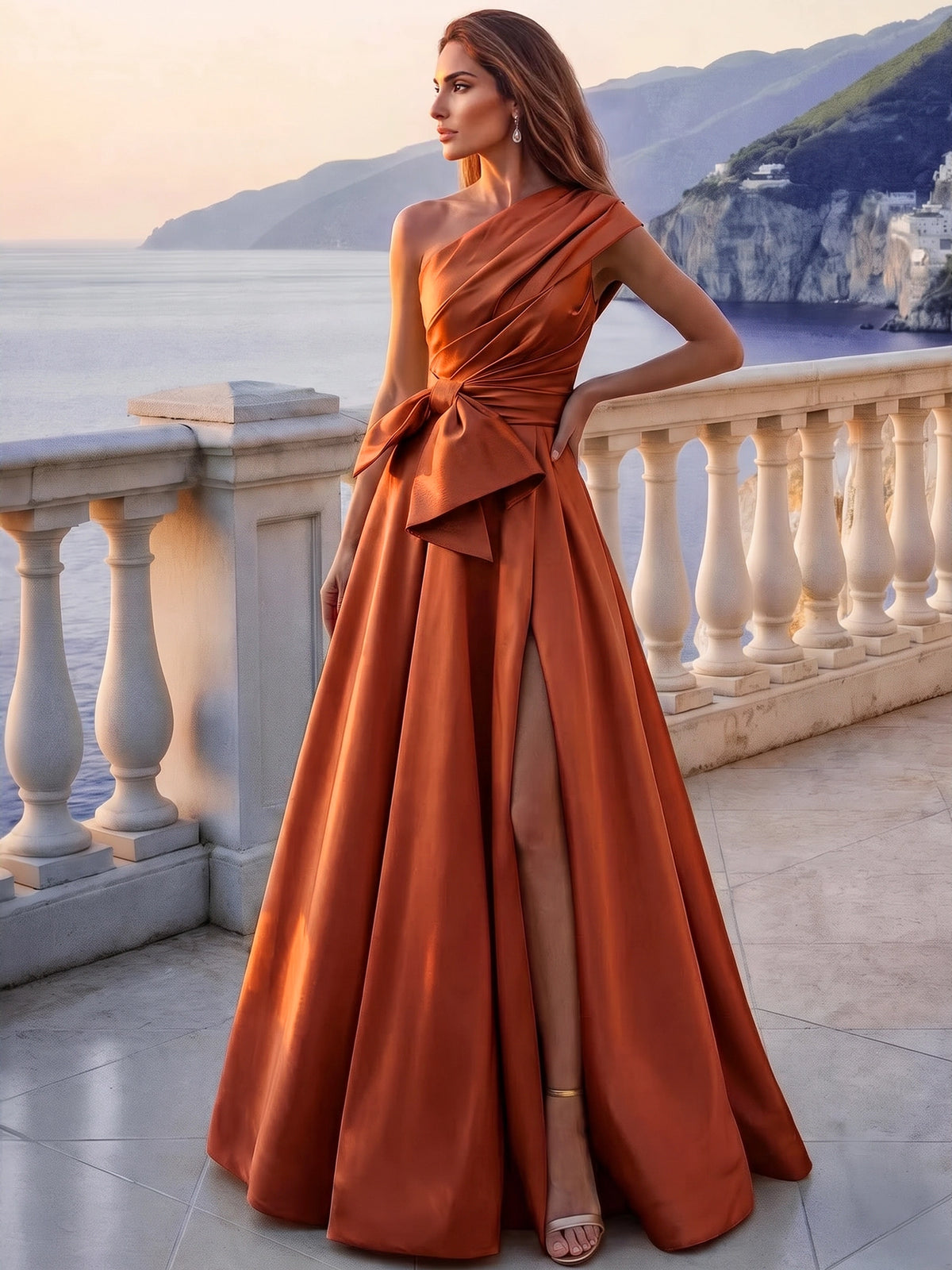 A-Line/Princess Evening Dress Formal Pleated Satin One-Shoulder Sleeveless Floor-Length Sash With Bow Side Slit