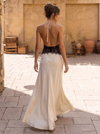 A-Line Evening Dresses Satin Floor Length Lace Halter Neck Chic Contrast Lace Insert Ivory Formal Dress