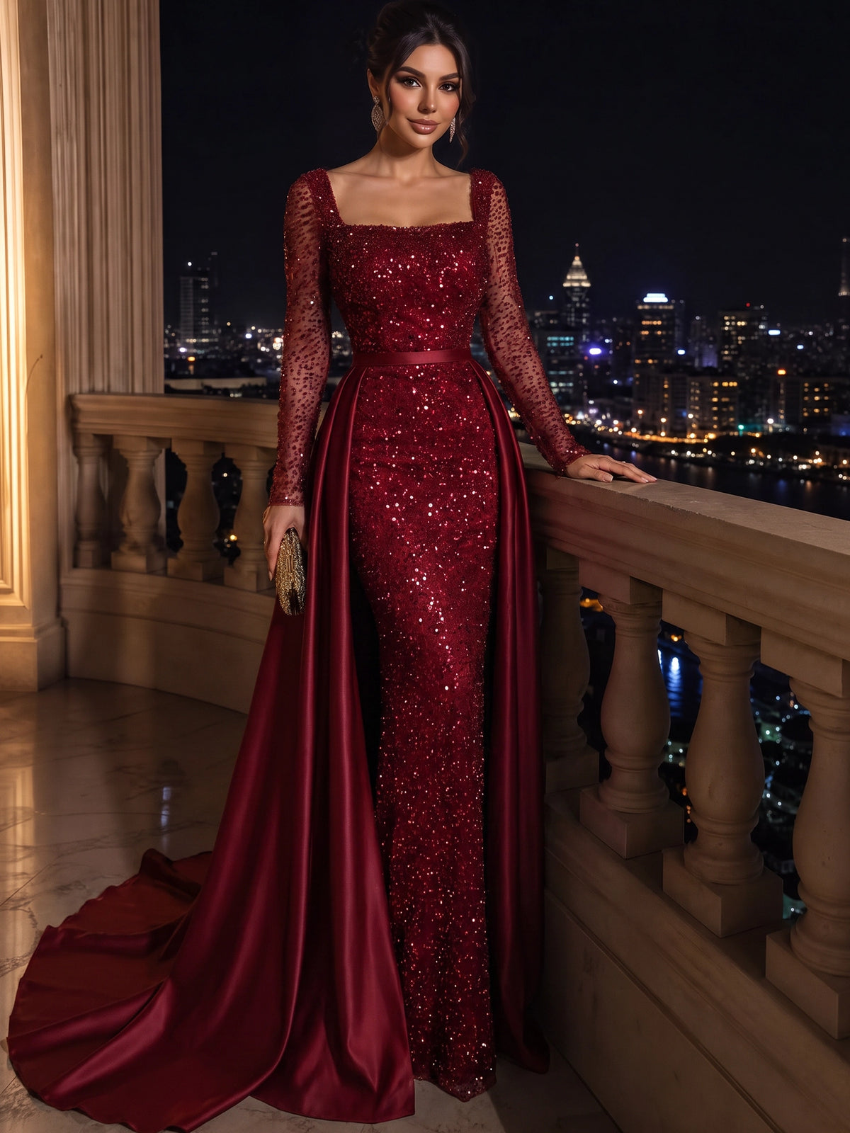 Sequin Mermaid / Trumpet Evening Gown 2-in-1 Luxury Formal Dress Wedding Floor Length Long Sleeves Gown With Detachable Satin Overskirt Train
