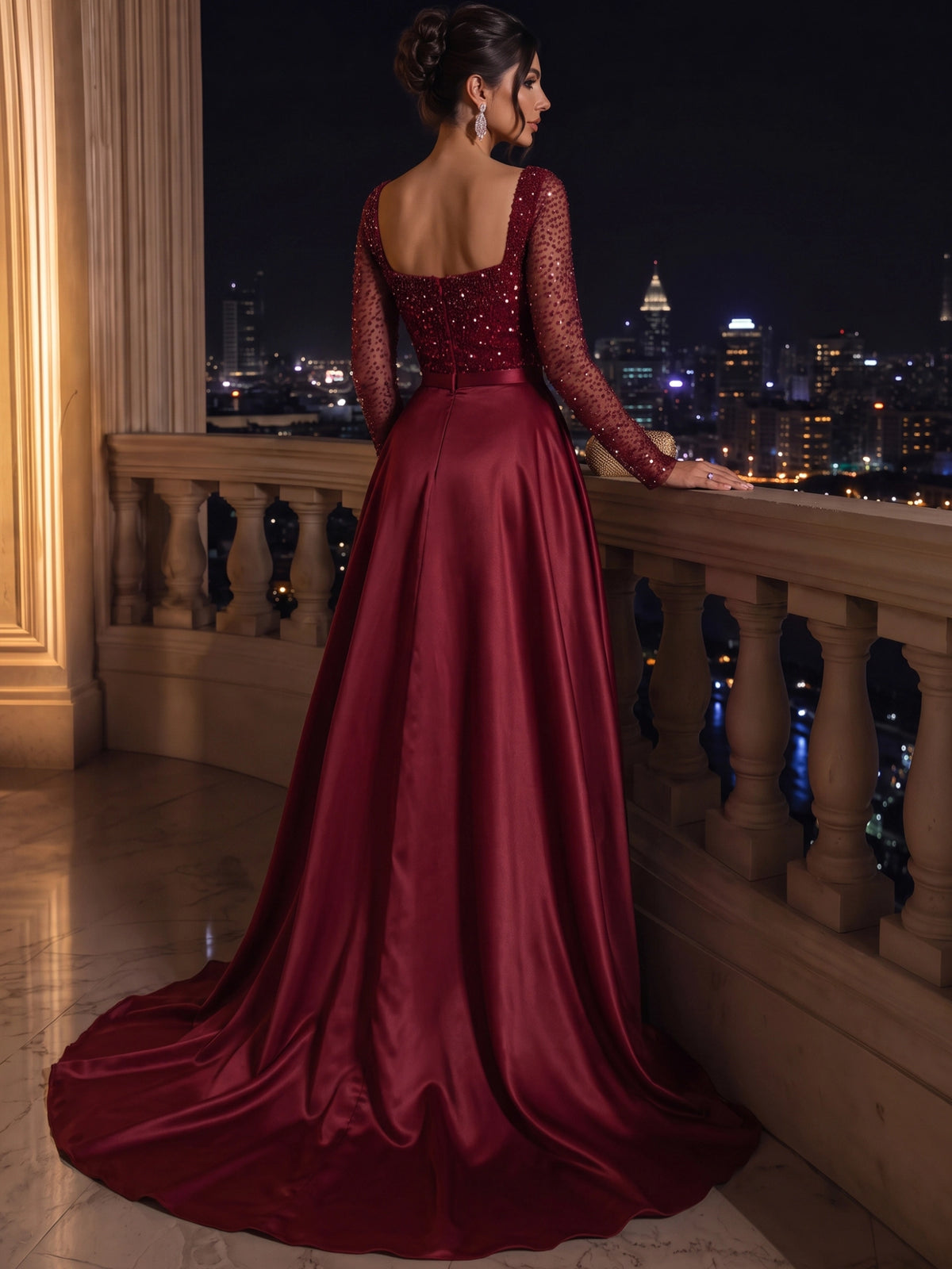 Sequin Mermaid / Trumpet Evening Gown 2-in-1 Luxury Formal Dress Wedding Floor Length Long Sleeves Gown With Detachable Satin Overskirt Train
