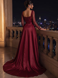 Sequin Mermaid / Trumpet Evening Gown 2-in-1 Luxury Formal Dress Wedding Floor Length Long Sleeves Gown With Detachable Satin Overskirt Train