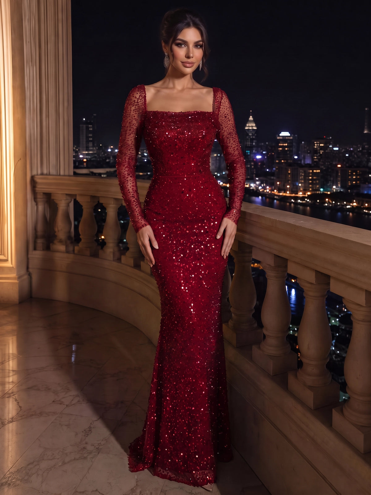 Sequin Mermaid / Trumpet Evening Gown 2-in-1 Luxury Formal Dress Wedding Floor Length Long Sleeves Gown With Detachable Satin Overskirt Train