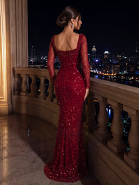 Sequin Mermaid / Trumpet Evening Gown 2-in-1 Luxury Formal Dress Wedding Floor Length Long Sleeves Gown With Detachable Satin Overskirt Train