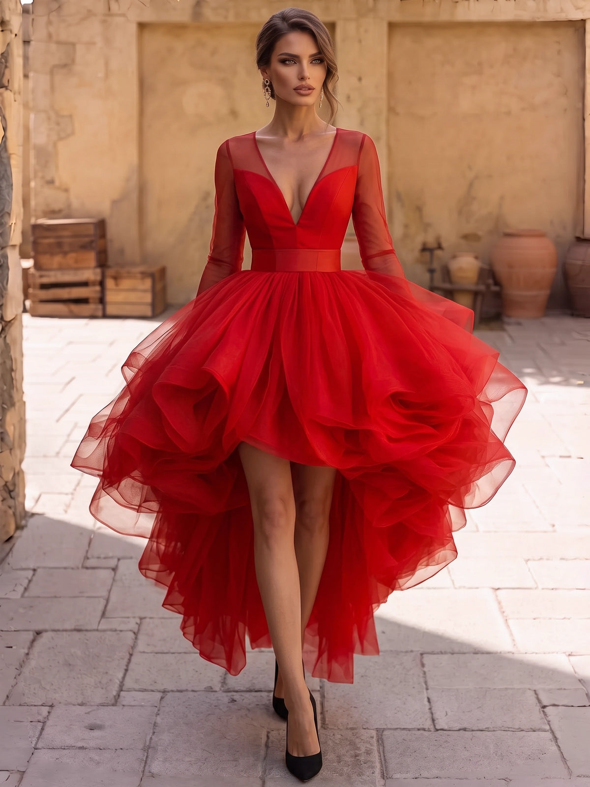 A-Line/Princess Cocktail Dresses Organza Long Sleeves V Neck Tea Asymmetrical Length Formal Wedding Guest Dresses