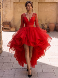 A-Line/Princess Cocktail Dresses Organza Long Sleeves V Neck Tea Asymmetrical Length Formal Wedding Guest Dresses