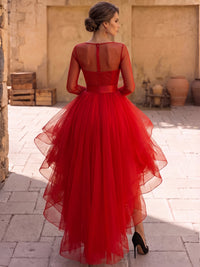 A-Line/Princess Cocktail Dresses Organza Long Sleeves V Neck Tea Asymmetrical Length Formal Wedding Guest Dresses