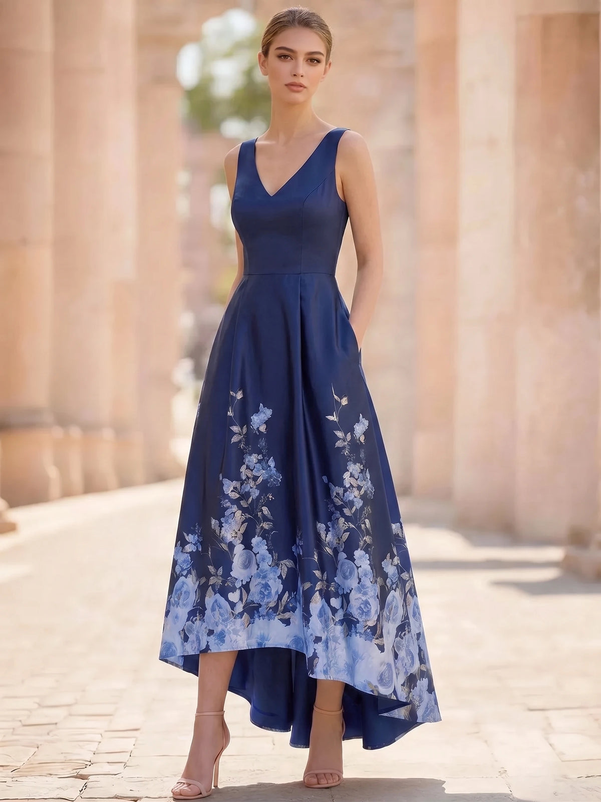 A-Line Cocktail Dress Elegant Floral Print Dress High Low Tea Length Sleeveless Round Neck with Pocket Wedding Guest Dress