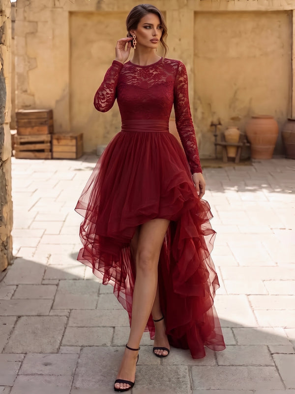 A-Line/Princess Cocktail Dresses Tulle Lace Long Sleeves Boat Neck Tea Asymmetrical Length Formal Wedding Guest Dresses