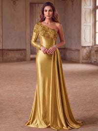 Mermaid Evening Dresses Elegant Formal Dress Satin One-Shoulder Long Sleeve Floor-Length Sweep Train Sequins