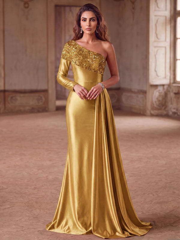 Mermaid Evening Dresses Elegant Formal Dress Satin One-Shoulder Long Sleeve Floor-Length Sweep Train Sequins