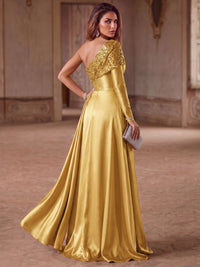 Mermaid Evening Dresses Elegant Formal Dress Satin One-Shoulder Long Sleeve Floor-Length Sweep Train Sequins