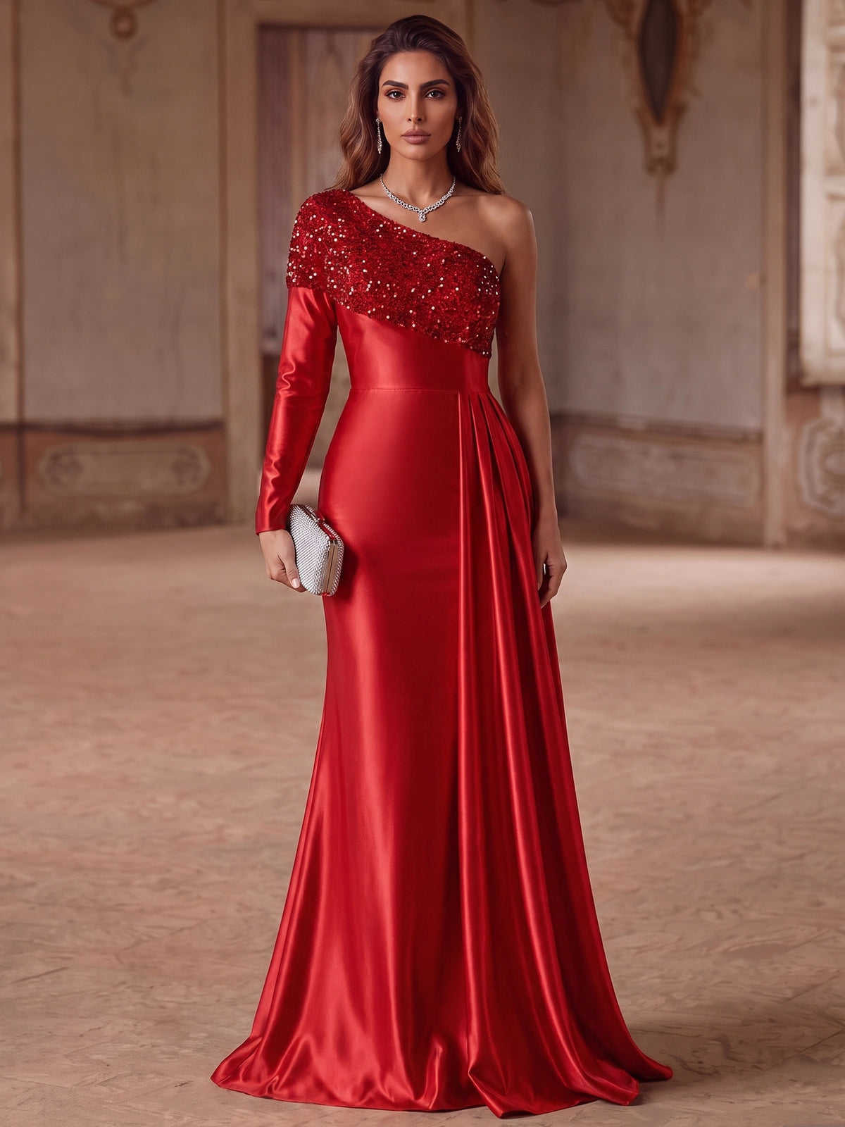 Mermaid Evening Dresses Elegant Formal Dress Satin One-Shoulder Long Sleeve Floor-Length Sweep Train Sequins
