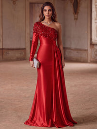 Mermaid Evening Dresses Elegant Formal Dress Satin One-Shoulder Long Sleeve Floor-Length Sweep Train Sequins