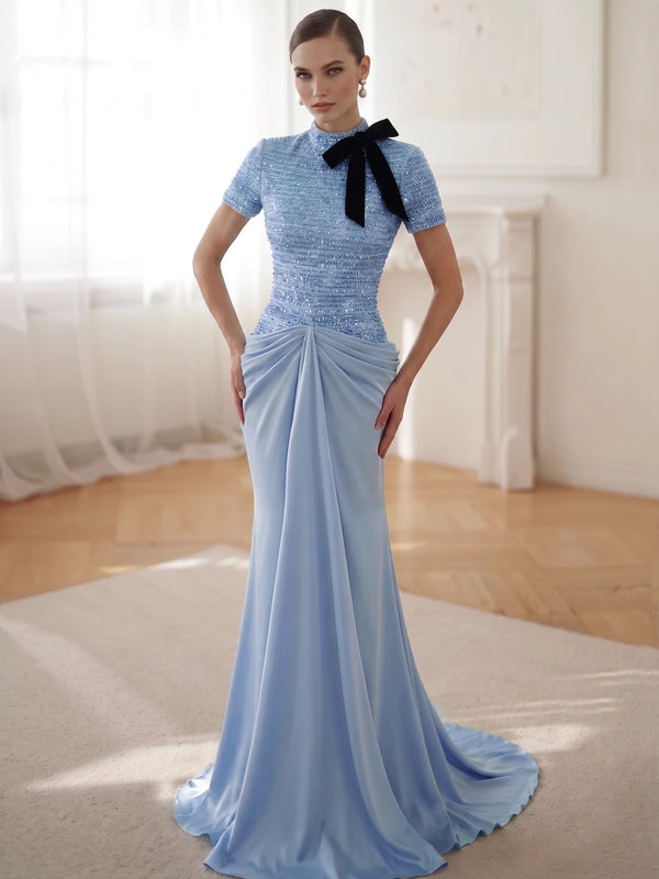 Mermaid Evening Dresses Formal Sequins Satin High Neck With Bow Short Sleeves Floor-Length Ruched Zipper
