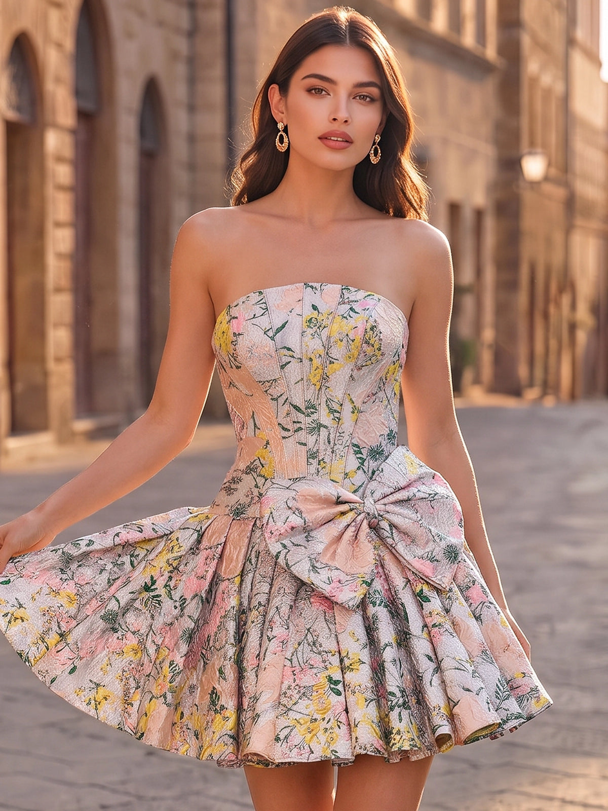 Nafori Pink A-Line/Princess Homecoming Dresses Floral Jacquard Strapless Sleeveless Short Zipper Boning Pleats With Bowknot Party Dresses 2026