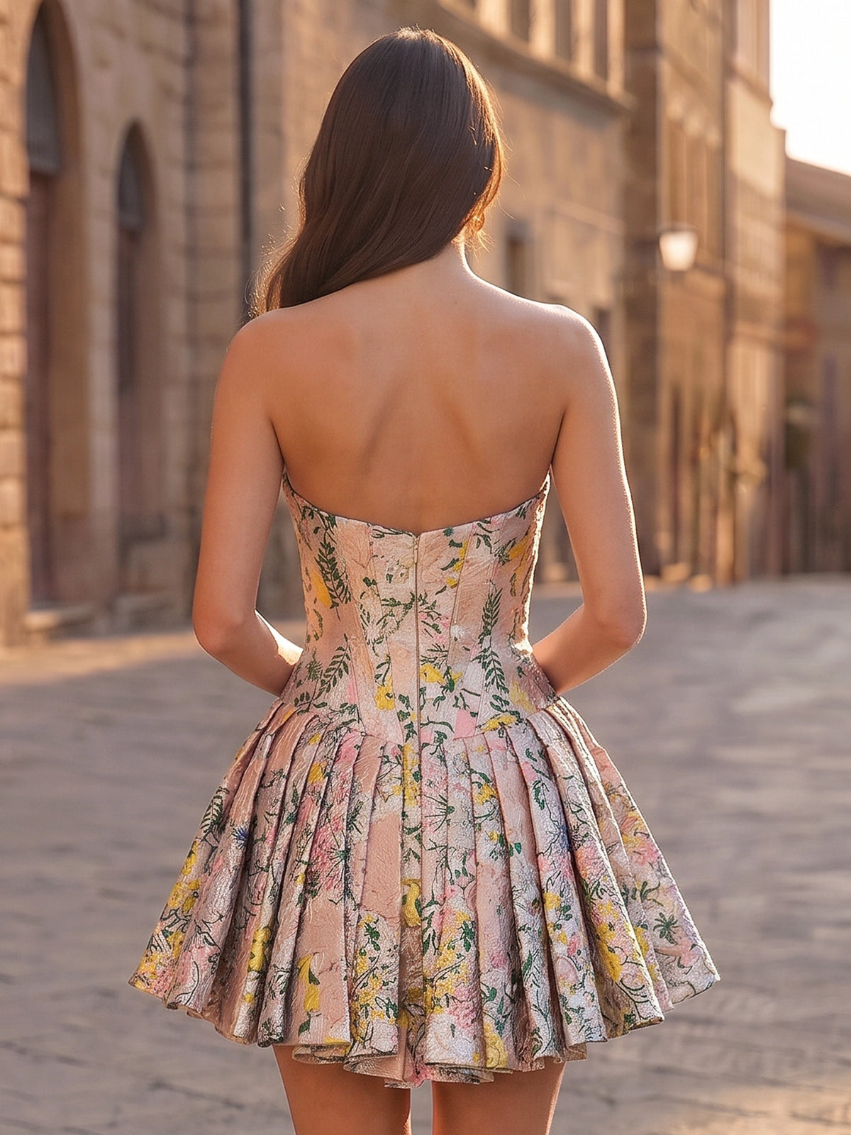 A-Line/Princess Homecoming Dresses Floral Jacquard Strapless Sleeveless Short Zipper Boning Pleats With Bowknot Party Dresses