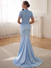 Mermaid Evening Dresses Formal Sequins Satin High Neck With Bow Short Sleeves Floor-Length Ruched Zipper