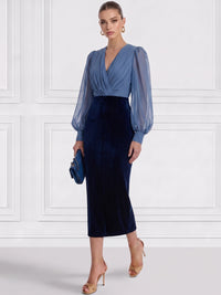 Sheath Cocktail Dress Velvet Elegant Dress Formal Wedding Blue Tea Length Long Sleeves V Neck Burgundy Wedding Guest Dress