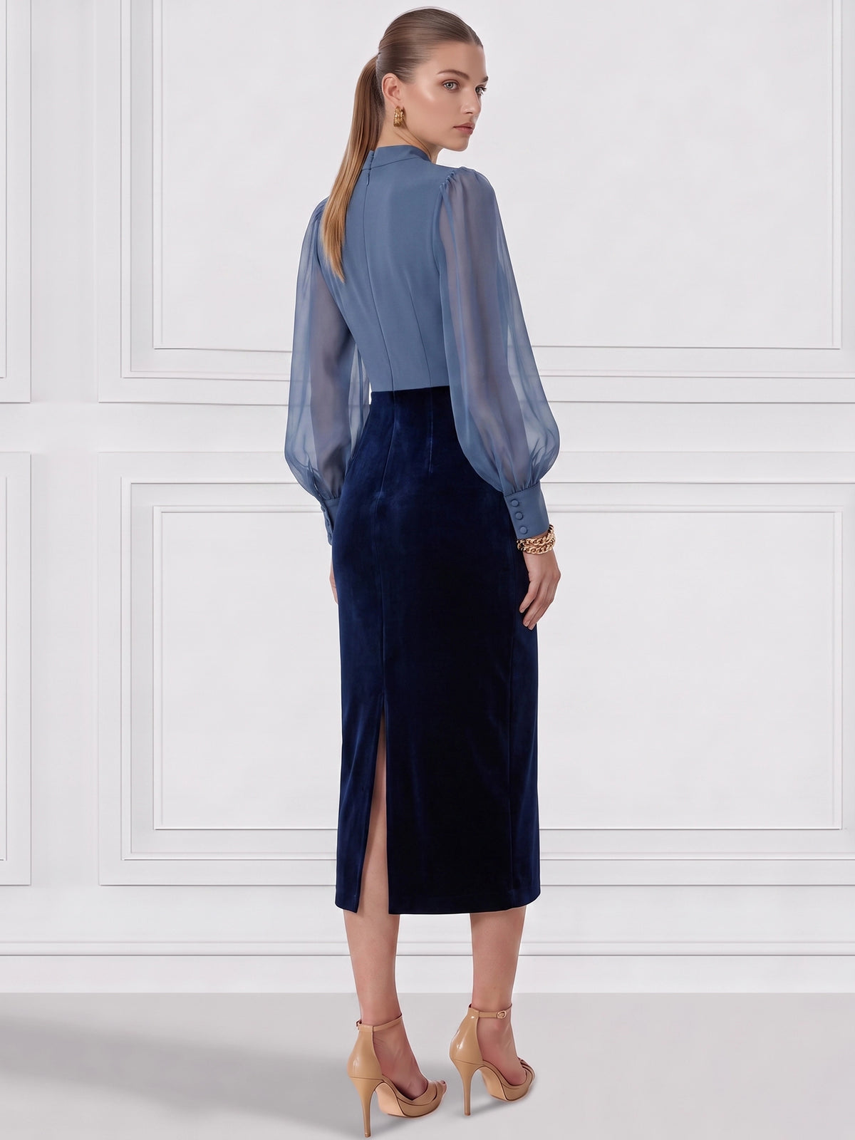 Sheath Cocktail Dress Velvet Elegant Dress Formal Wedding Blue Tea Length Long Sleeves V Neck Burgundy Wedding Guest Dress