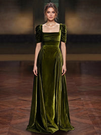 A-Line Velvet Evening Gown Floor Length Square Neck Olive Green Short Sleeves Elegant Formal Wedding Guest Dress