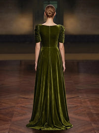 A-Line Velvet Evening Gown Floor Length Square Neck Olive Green Short Sleeves Elegant Formal Wedding Guest Dress