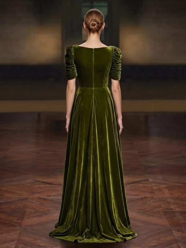 A-Line Velvet Evening Gown Floor Length Square Neck Olive Green Short Sleeves Elegant Formal Wedding Guest Dress