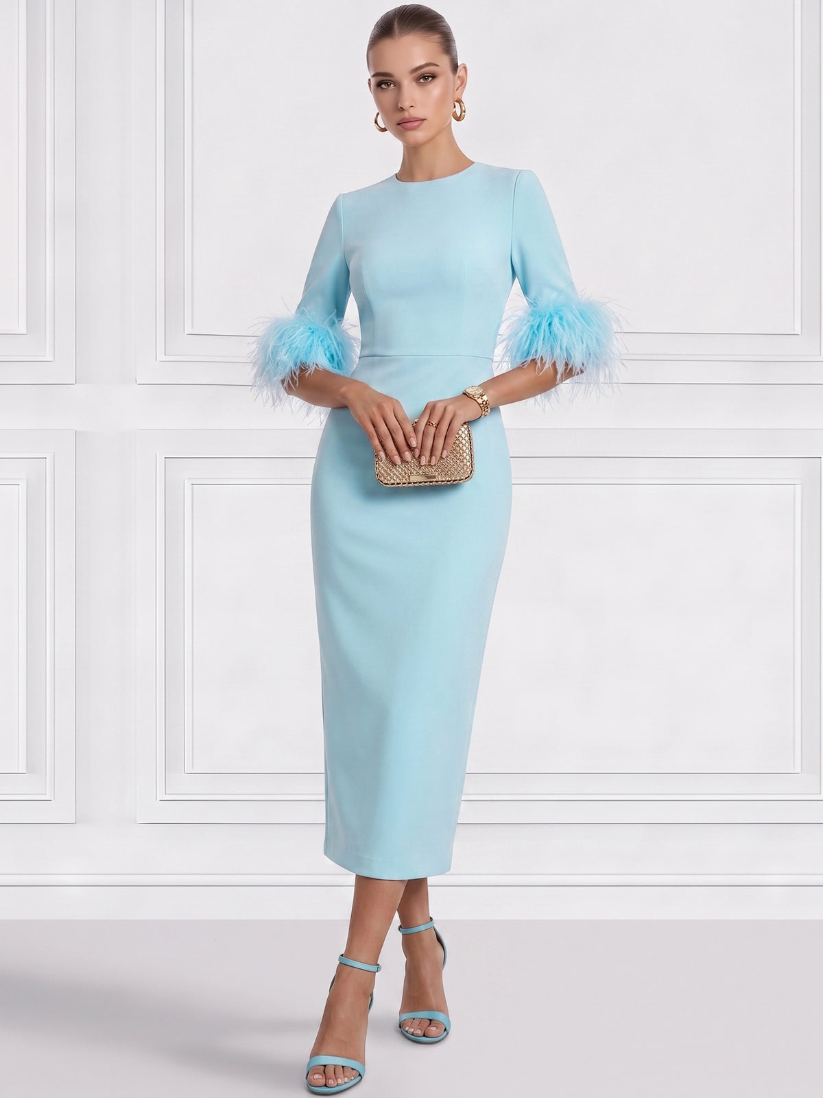 Sheath/Column Cocktail Dress Boat Neck Short Sleeves Ankle Length Party Dance Cocktail Dress With Feathers